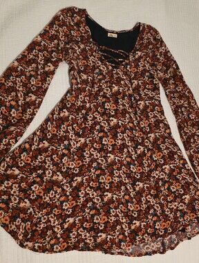 Hollister Lace Up Floral Long Sleeve Mini Dress Size Small